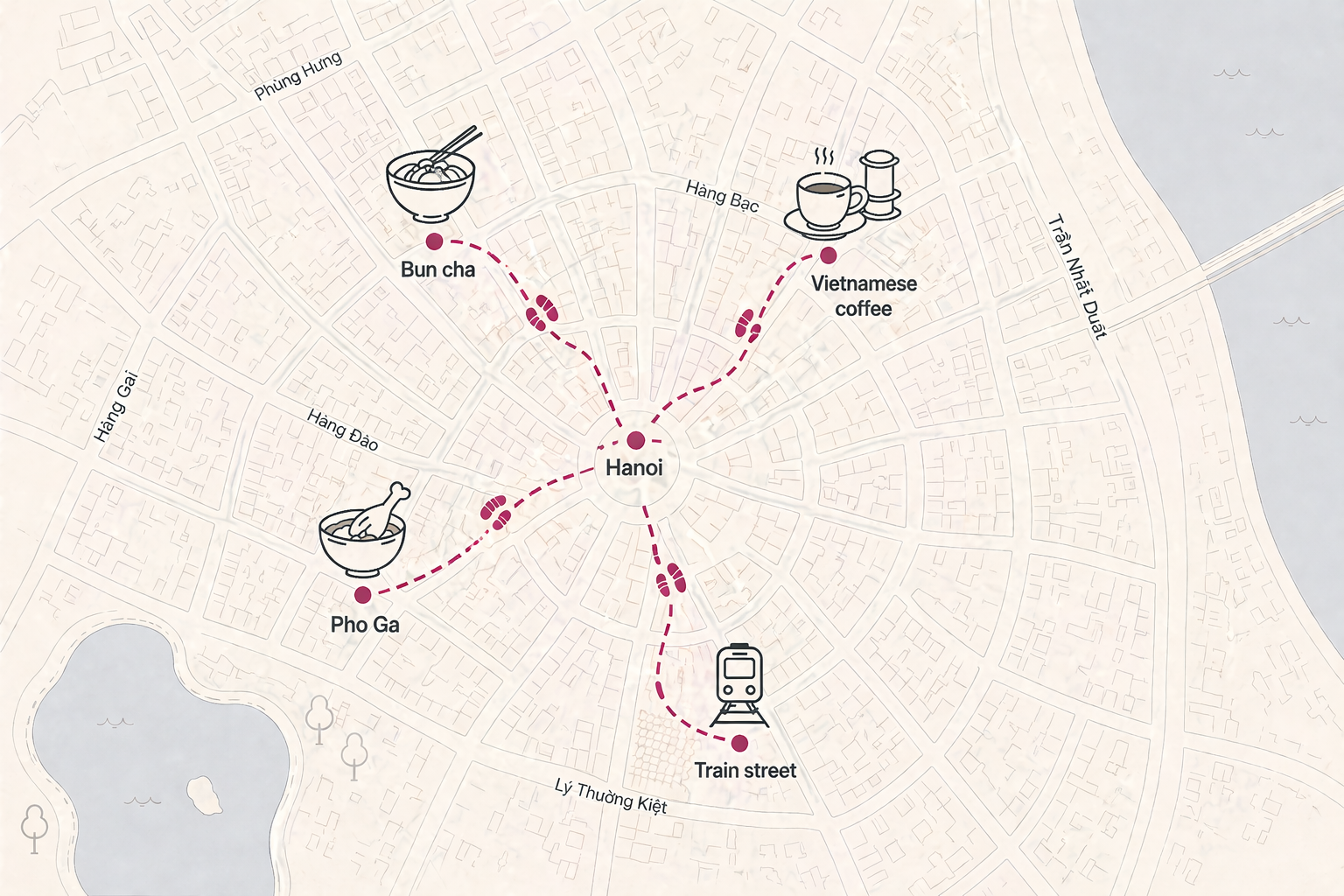 Route map - Hanoi Walking street food tour (with stop at train street)