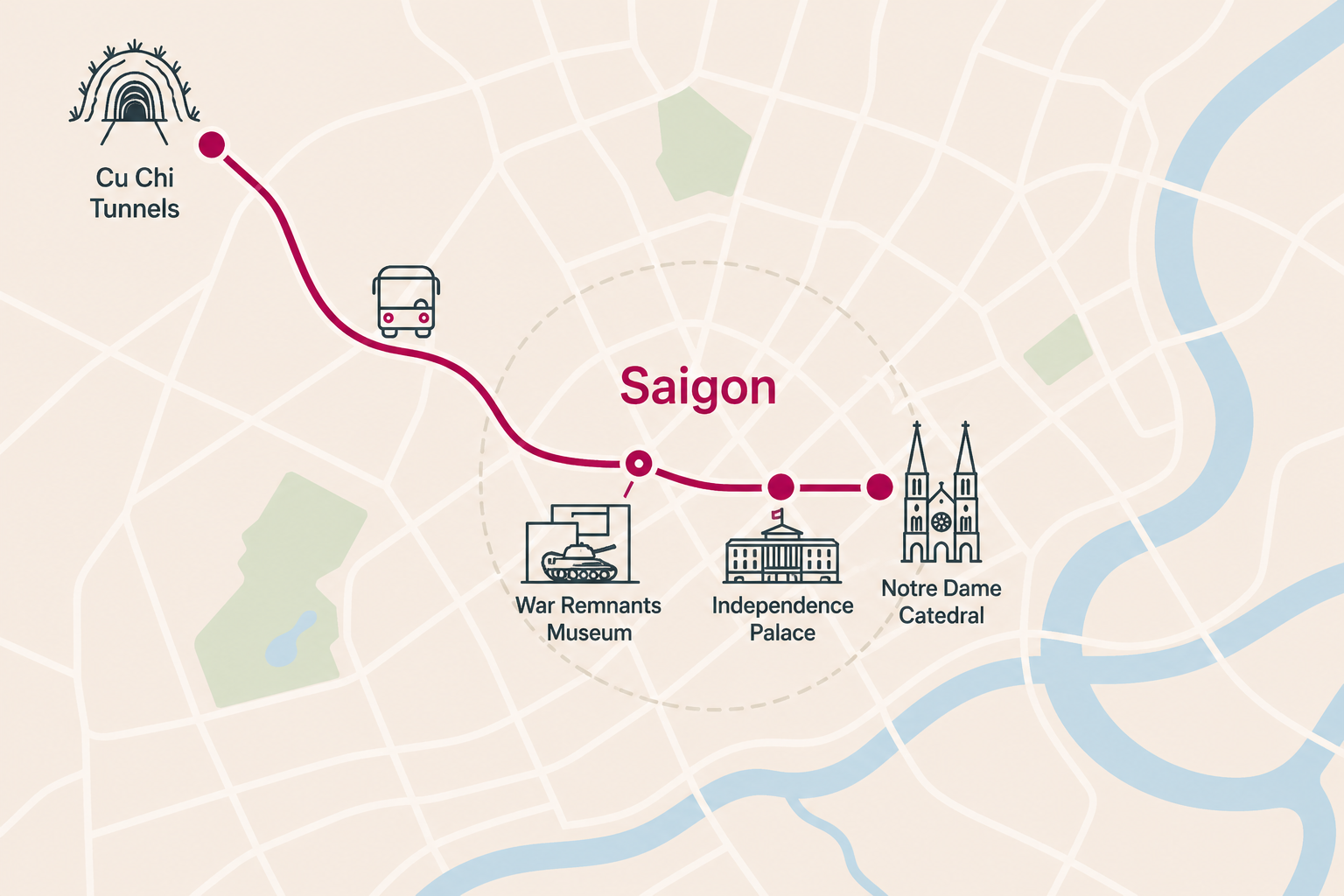 Route map - Saigon City & Cu Chi Tunnels Fullday